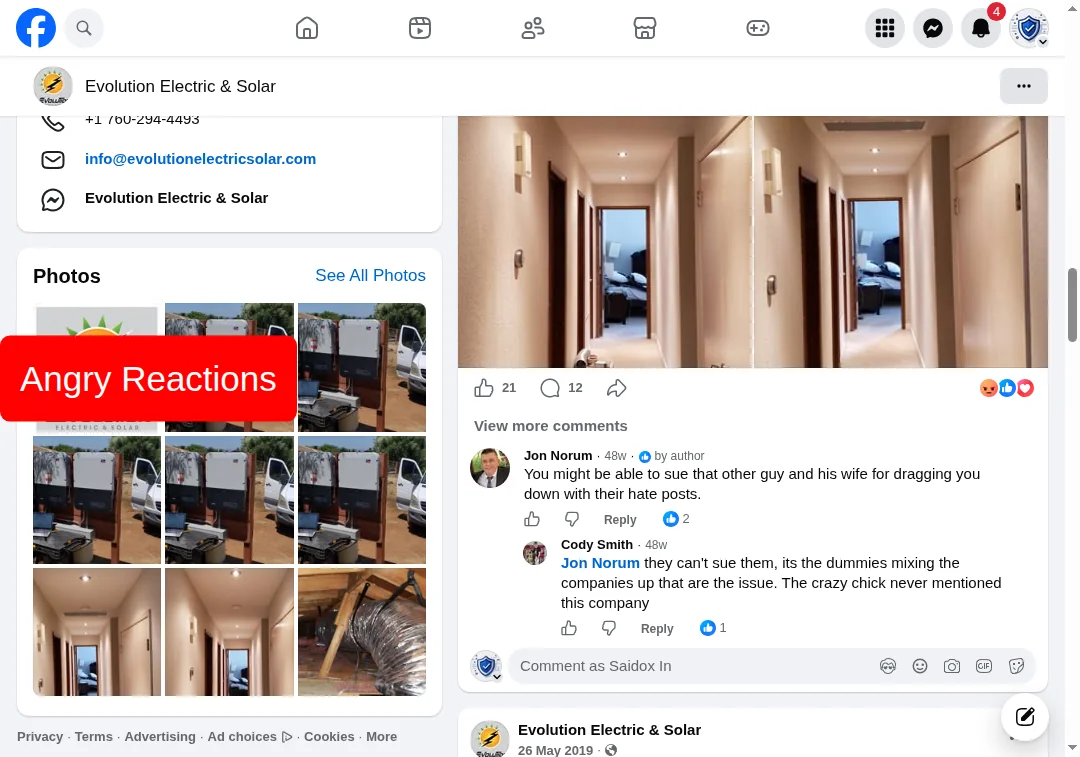 Facebook page of evolutionelectricsolar.com showing multiple angry emoji reactions from users