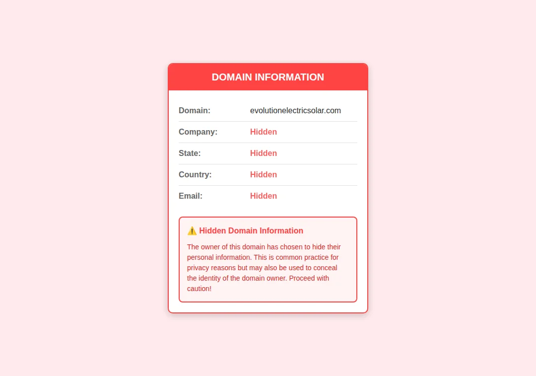 Domain privacy alert for evolutionelectricsolar.com showing hidden owner information