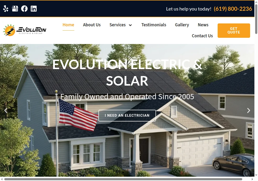 Screenshot of evolutionelectricsolar.com homepage showing solar and electrical offers
