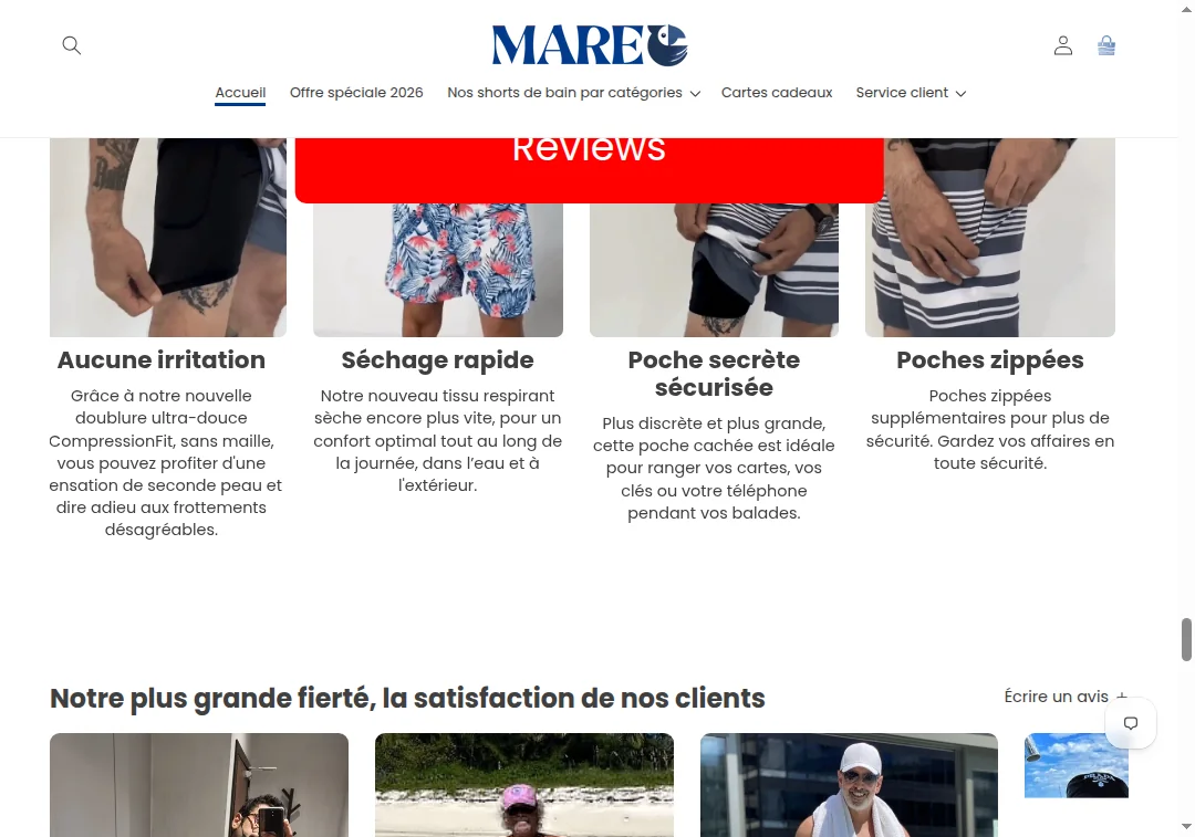 Screenshot showing fake 5-star reviews on mareo-officiel.com with no review count