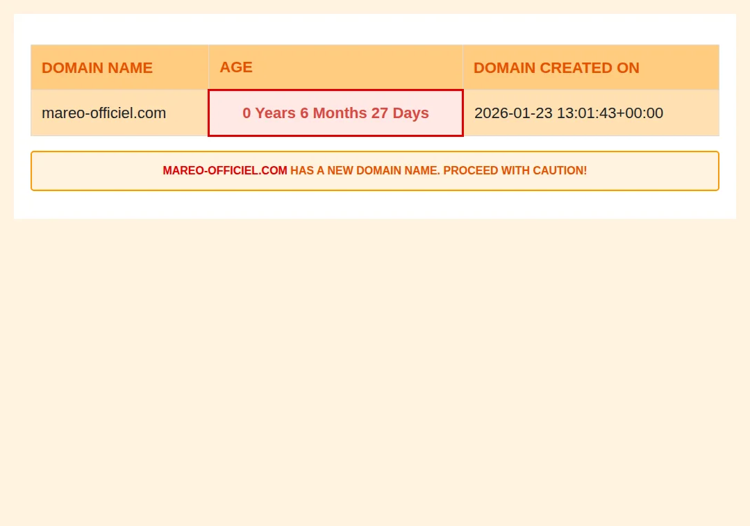 Domain alert showing mareo-officiel.com is only 6 months old