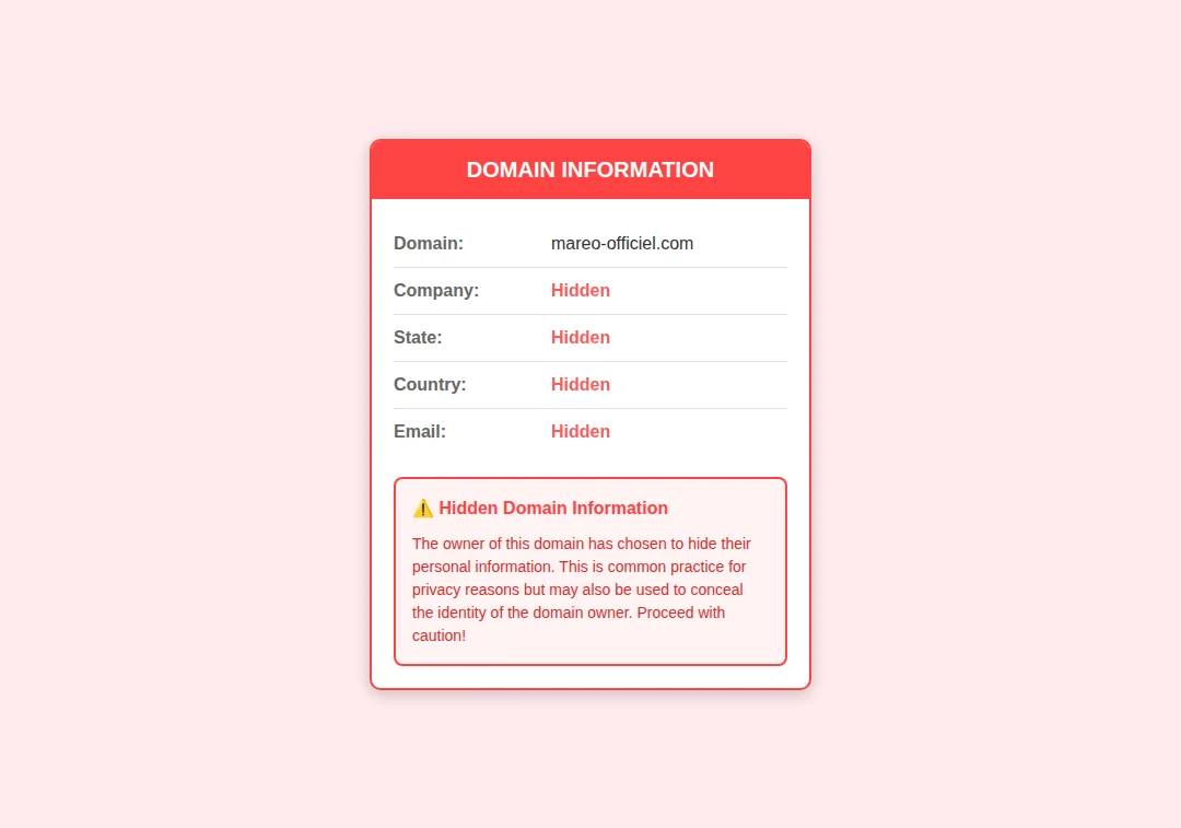 Privacy alert showing hidden registration details for mareo-officiel.com