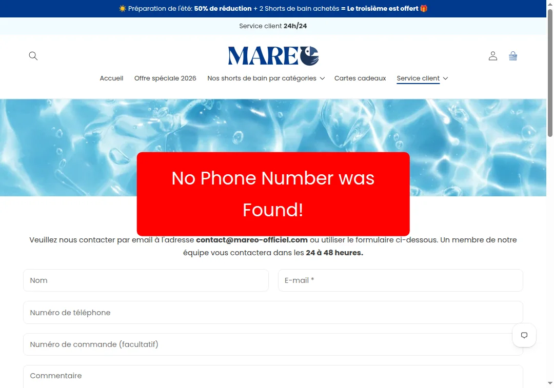 Missing phone number on mareo-officiel.com contact page