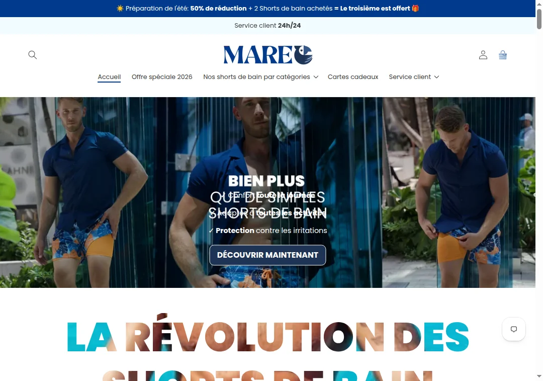 Full screenshot of mareo-officiel.com homepage showing various warnings