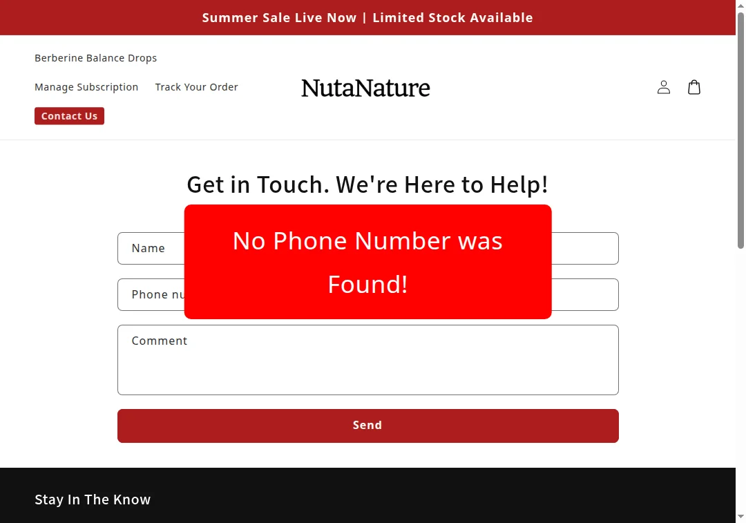 nutanature.com no phone number shown on contact page
