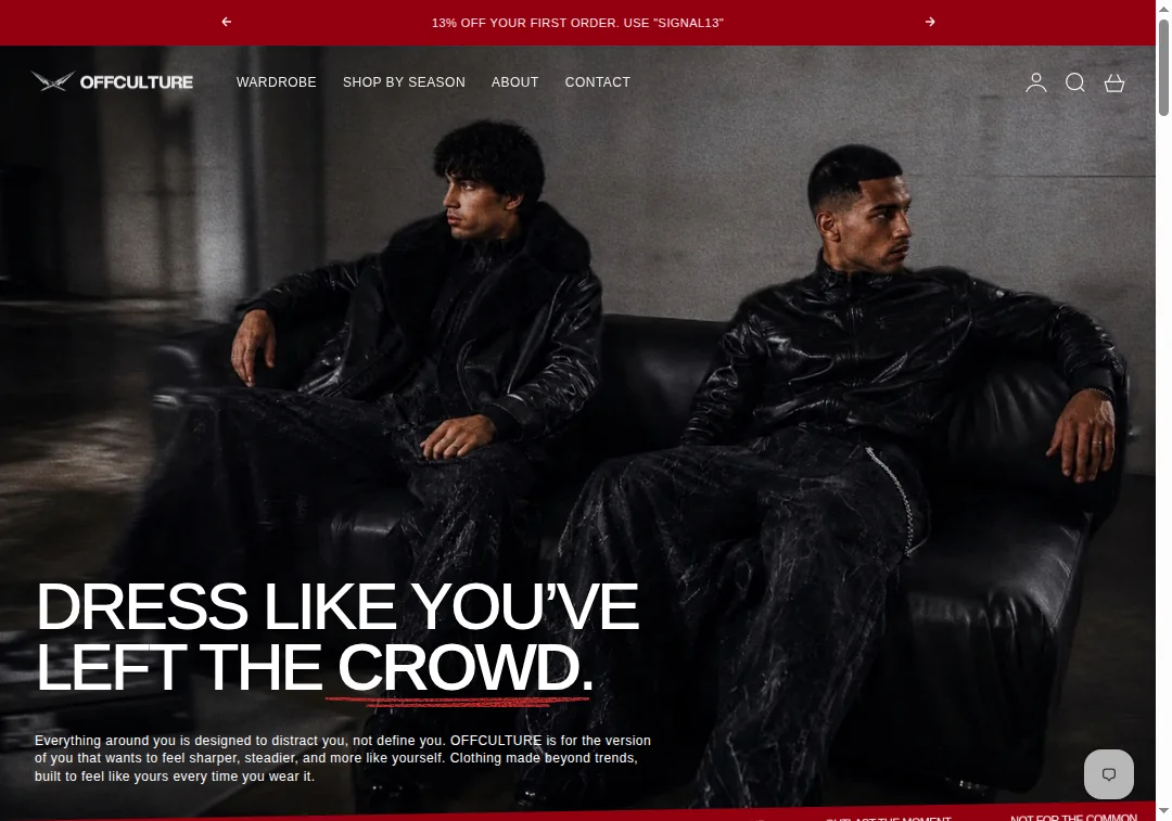 Screenshot of offculturee.com homepage showing clothing products