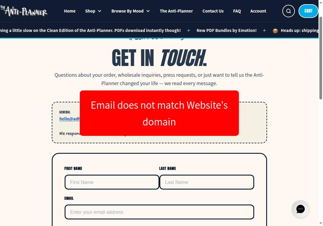Email address wholesale@adhddd.com shown as mismatched with the site