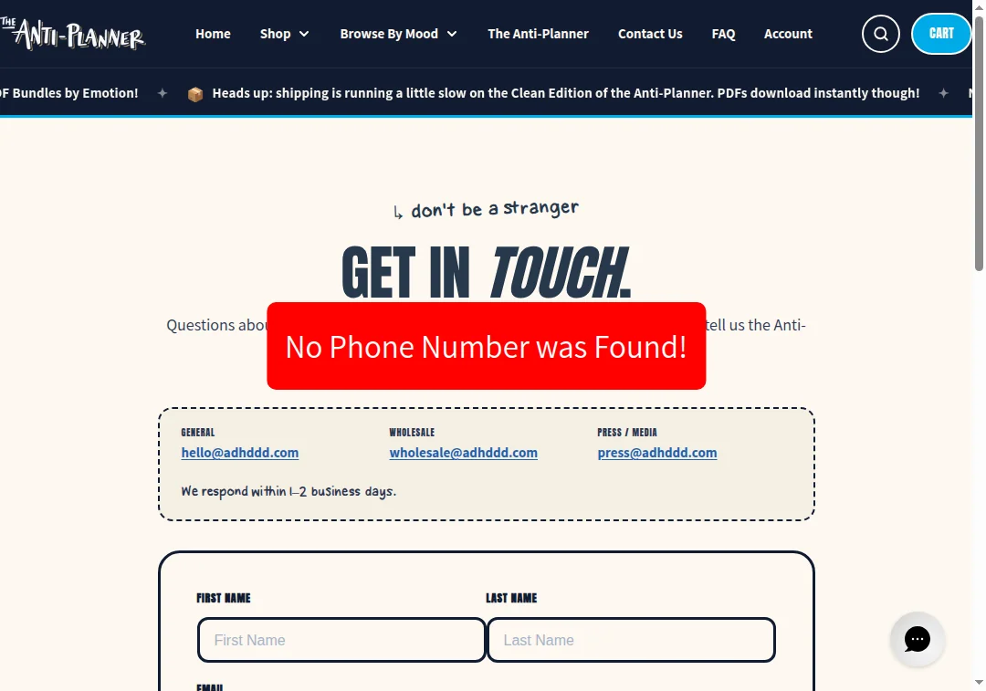 shop.adhddd.com contact page with no phone number shown