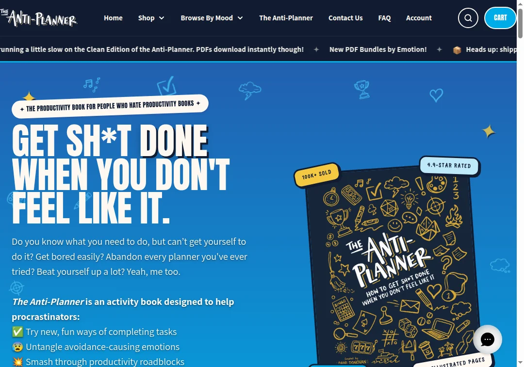 Screenshot of shop.adhddd.com homepage showing the Anti-Planner product