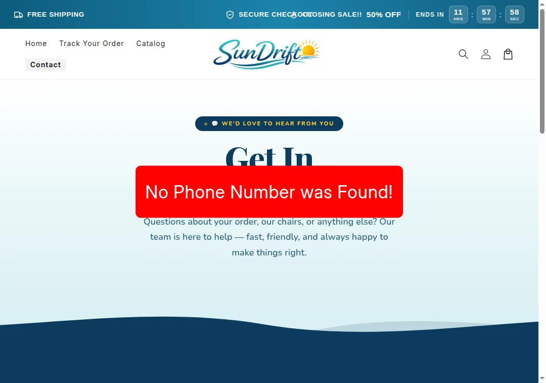 Contact page without phone number on shopsundrift.com