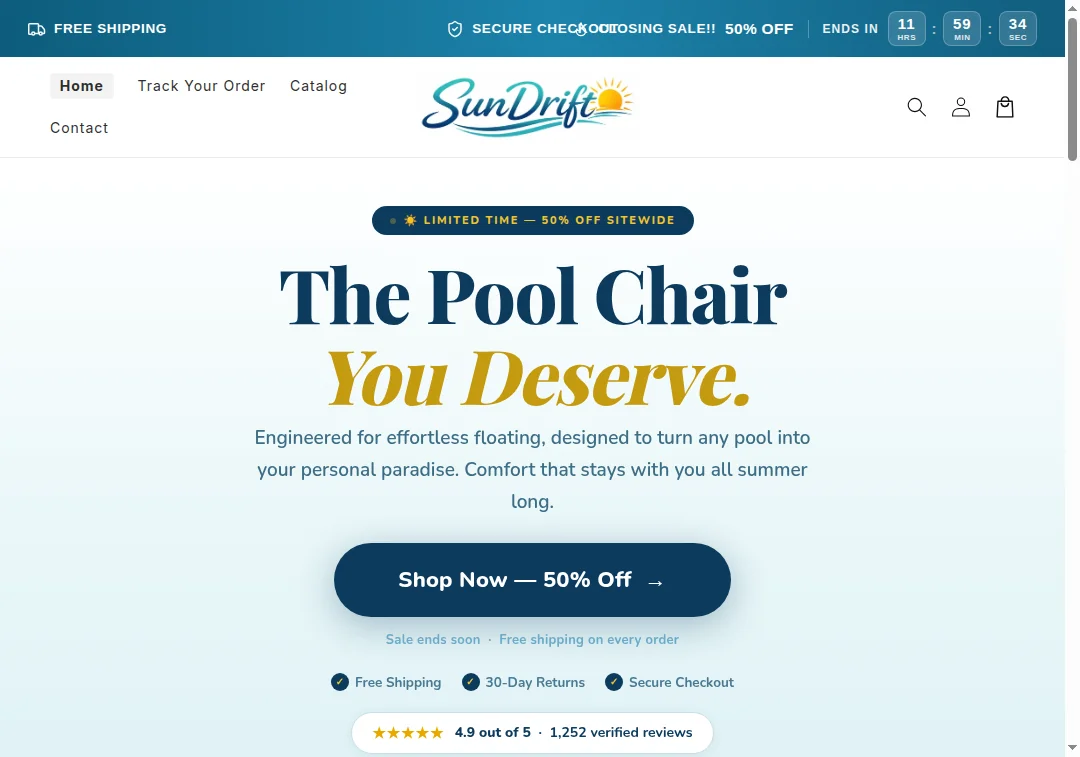 Screenshot of shopsundrift.com homepage showing pool chair image