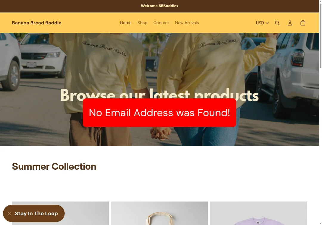 No email address listed on thebananabreadbaddie.com contact page