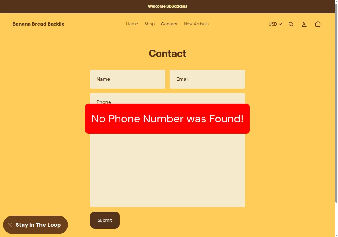 No phone number available on thebananabreadbaddie.com contact page