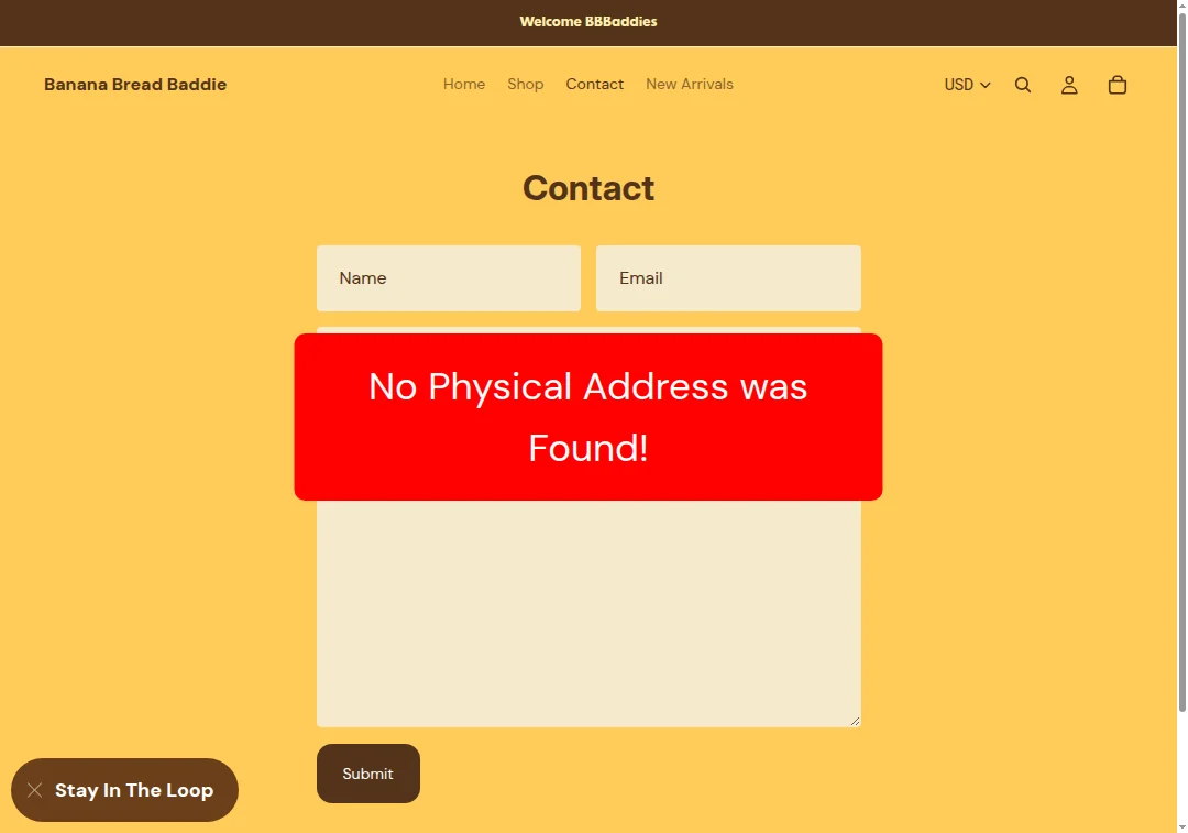 No physical address found on thebananabreadbaddie.com website