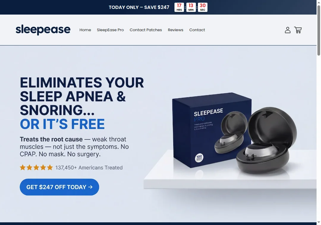 Homepage screenshot of trysleepease.co showing product promises