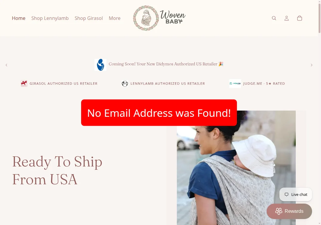 Wovenbaby.com website showing no email contact option
