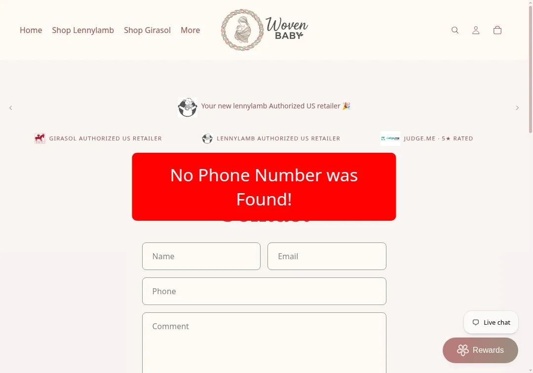 Wovenbaby.com website footer showing no phone number available