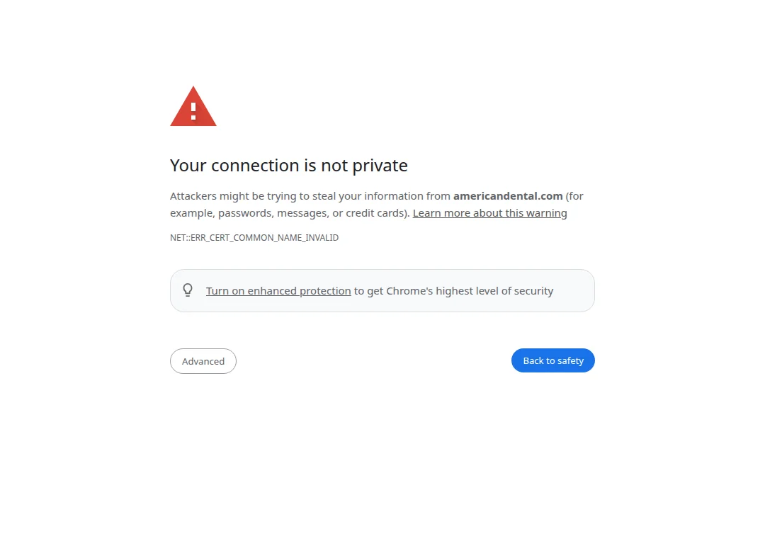 Screenshot of americandental.com showing a browser warning