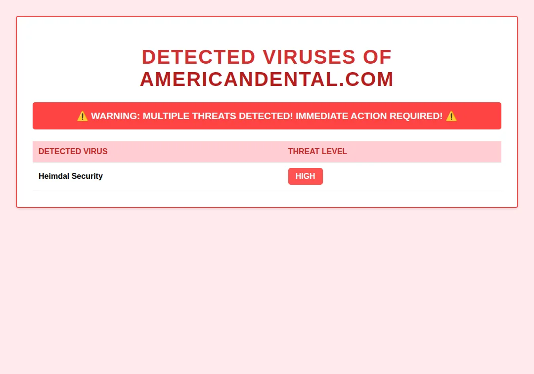 Alert of malware detected on americandental.com