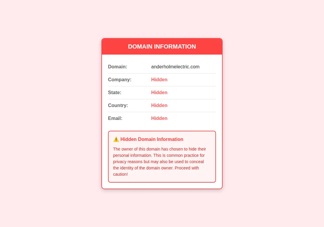 Screenshot showing hidden domain privacy alert on anderholmelectric.com