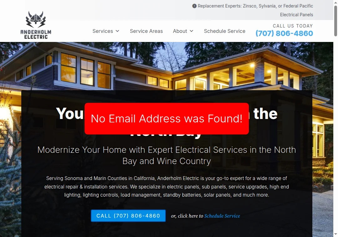 Image showing missing email contact option on anderholmelectric.com
