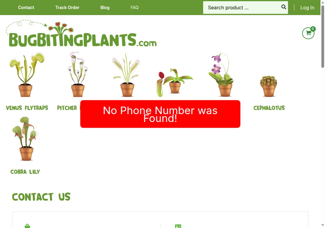 No phone number contact section on bugbitingplants.com