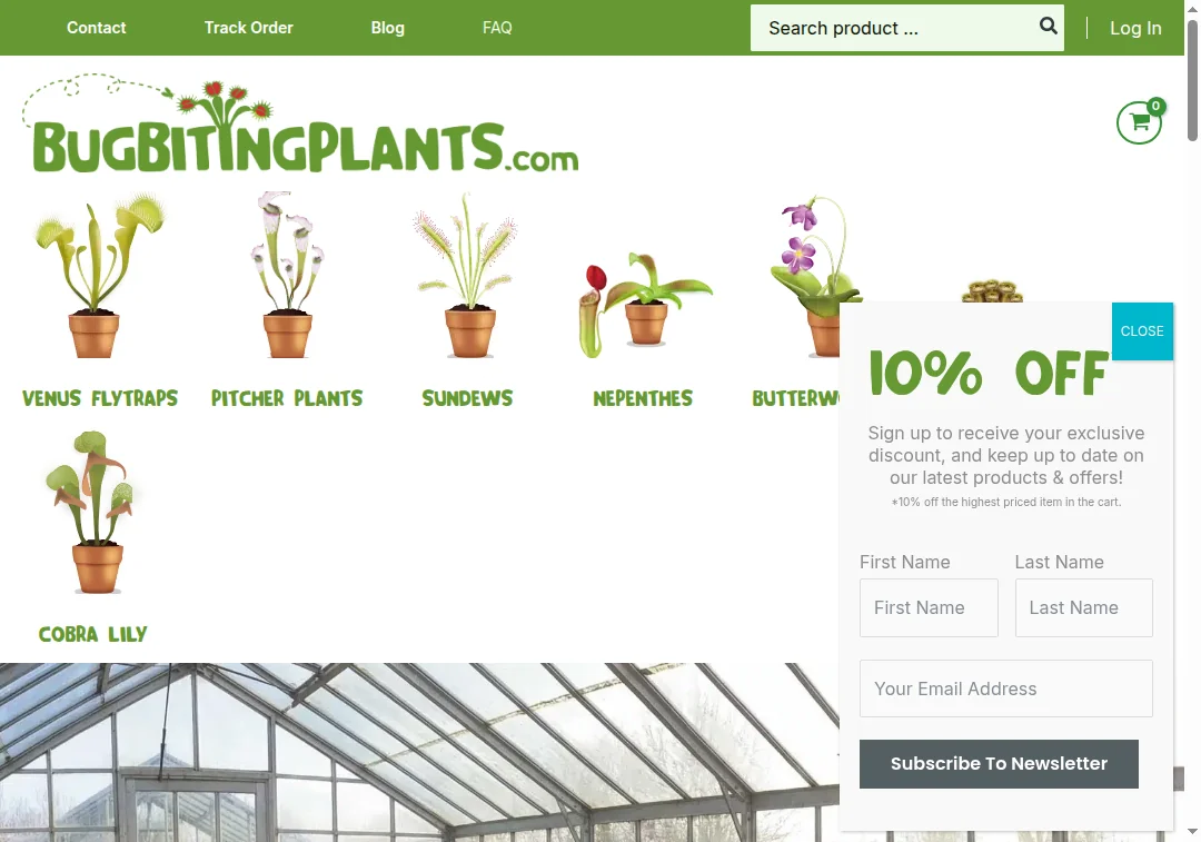 Screenshot of bugbitingplants.com homepage showing plant products