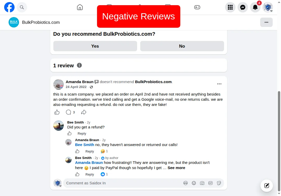 Negative Facebook review recommendation on BulkProbiotics.com profile