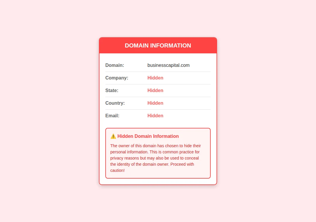 Domain privacy alert for businesscapital.com showing hidden ownership details
