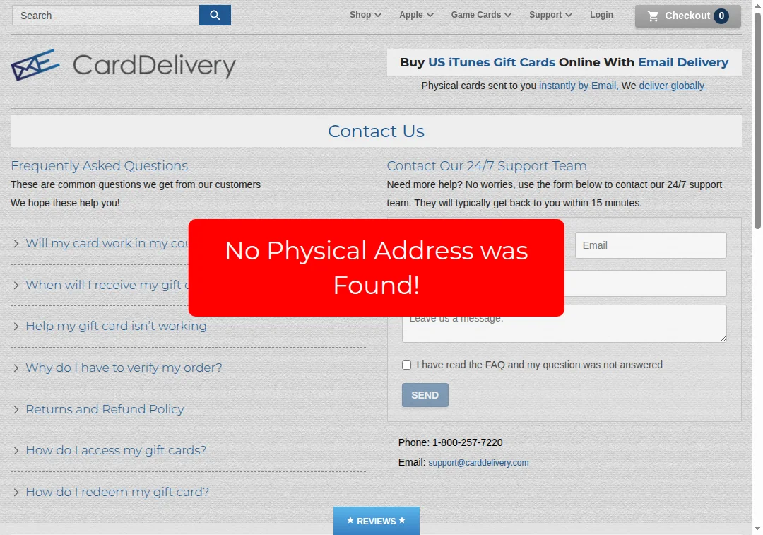 carddelivery.com website footer showing no physical address