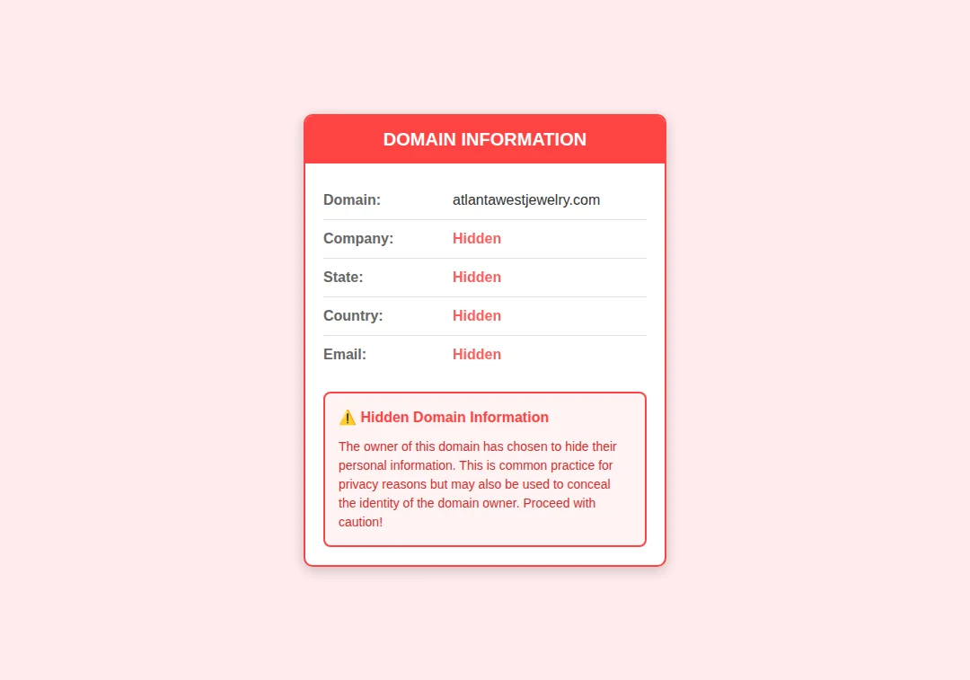 Domain privacy alert for atlantawestjewelry.com showing hidden registration details