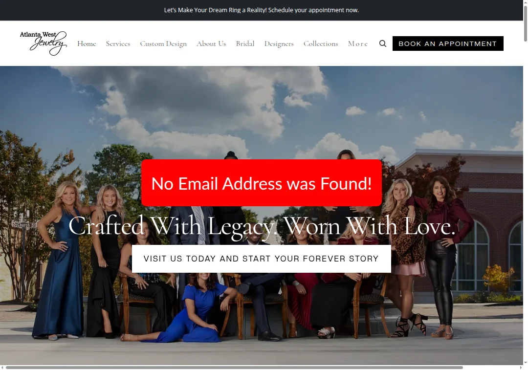Missing email contact section on atlantawestjewelry.com website