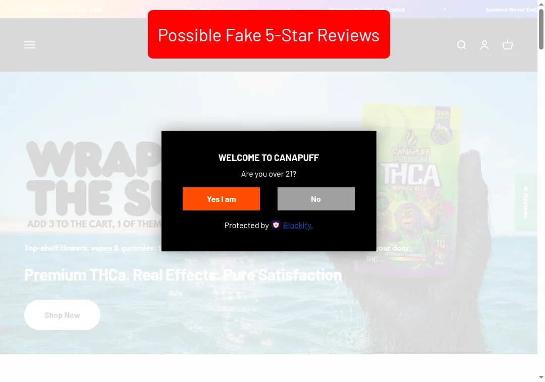 Fake-looking 5-star reviews on Canapuff.co with perfect ratings