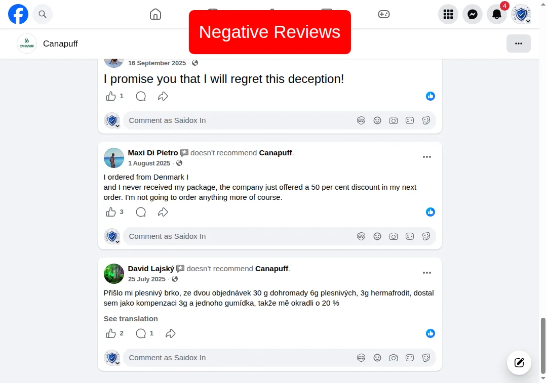 Facebook recommendation breakdown showing only 36% recommend Canapuff.co