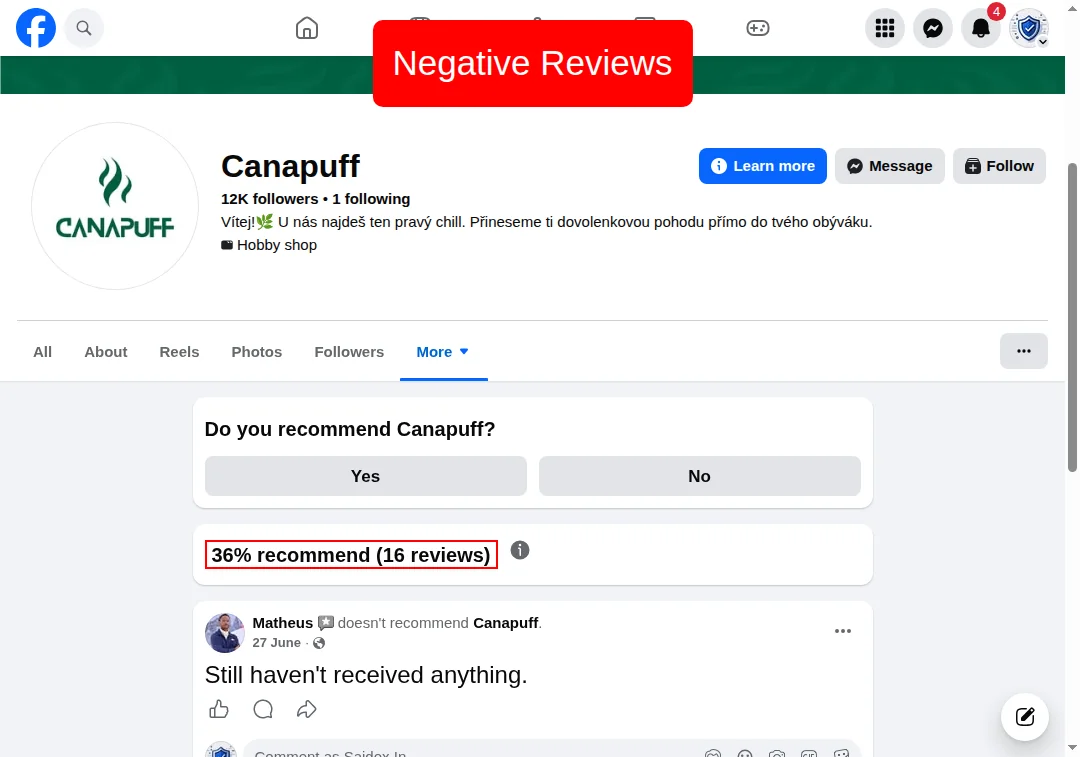 Negative comments and 'doesn't recommend' phrases on Canapuff.co Facebook