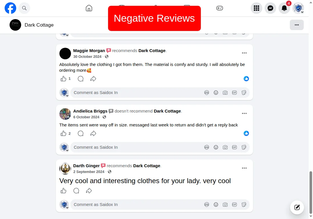 Screenshot of negative Facebook reviews for darkcottage.com