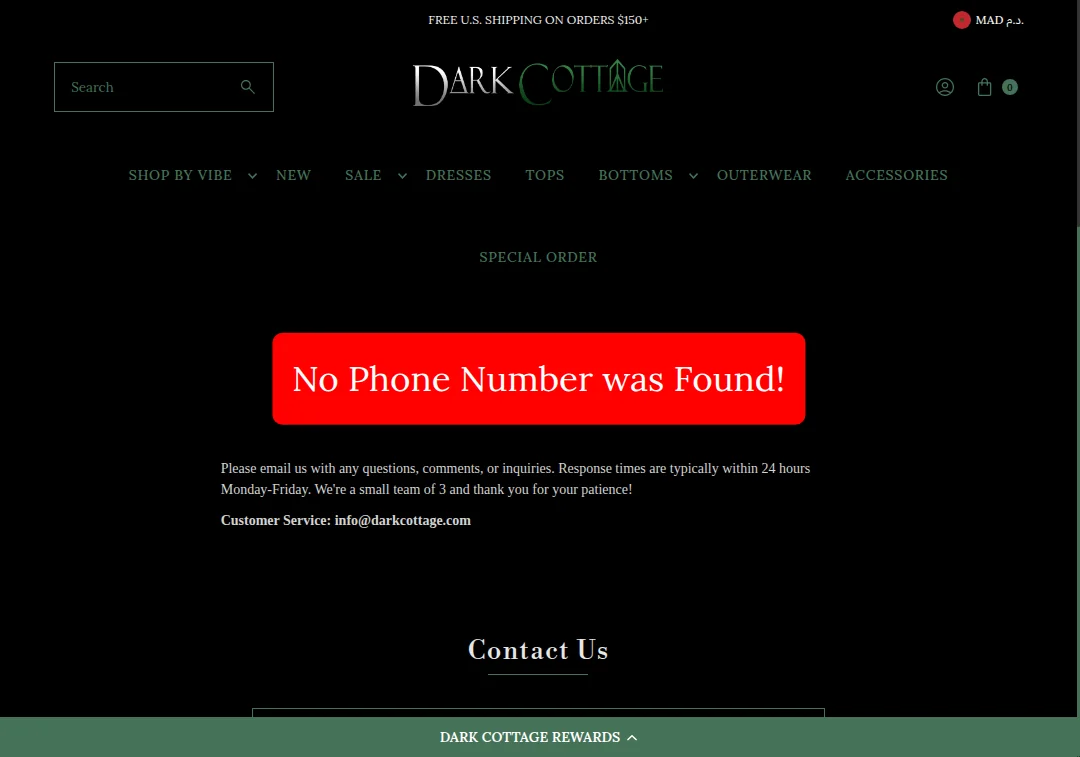 Missing phone number on darkcottage.com contact page