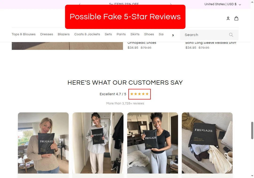 Screenshot of frugaze.com showing a 5.0 rating with no review details