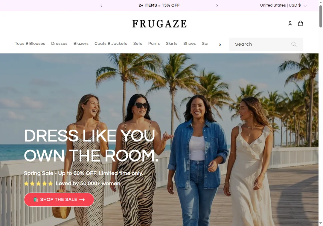 Full screenshot of frugaze.com homepage showing its overall design