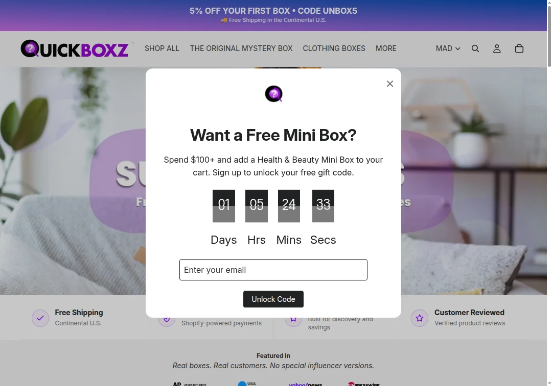 Screenshot of quickboxz.com homepage