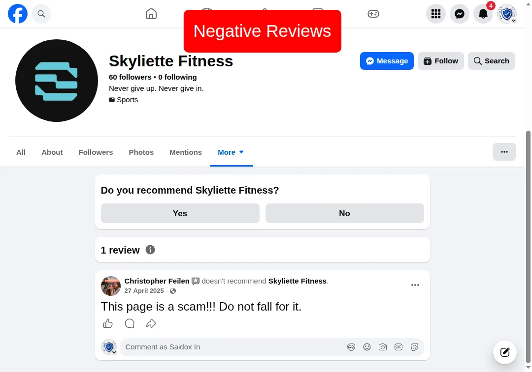 Facebook review showing a user does not recommend skyliette.com