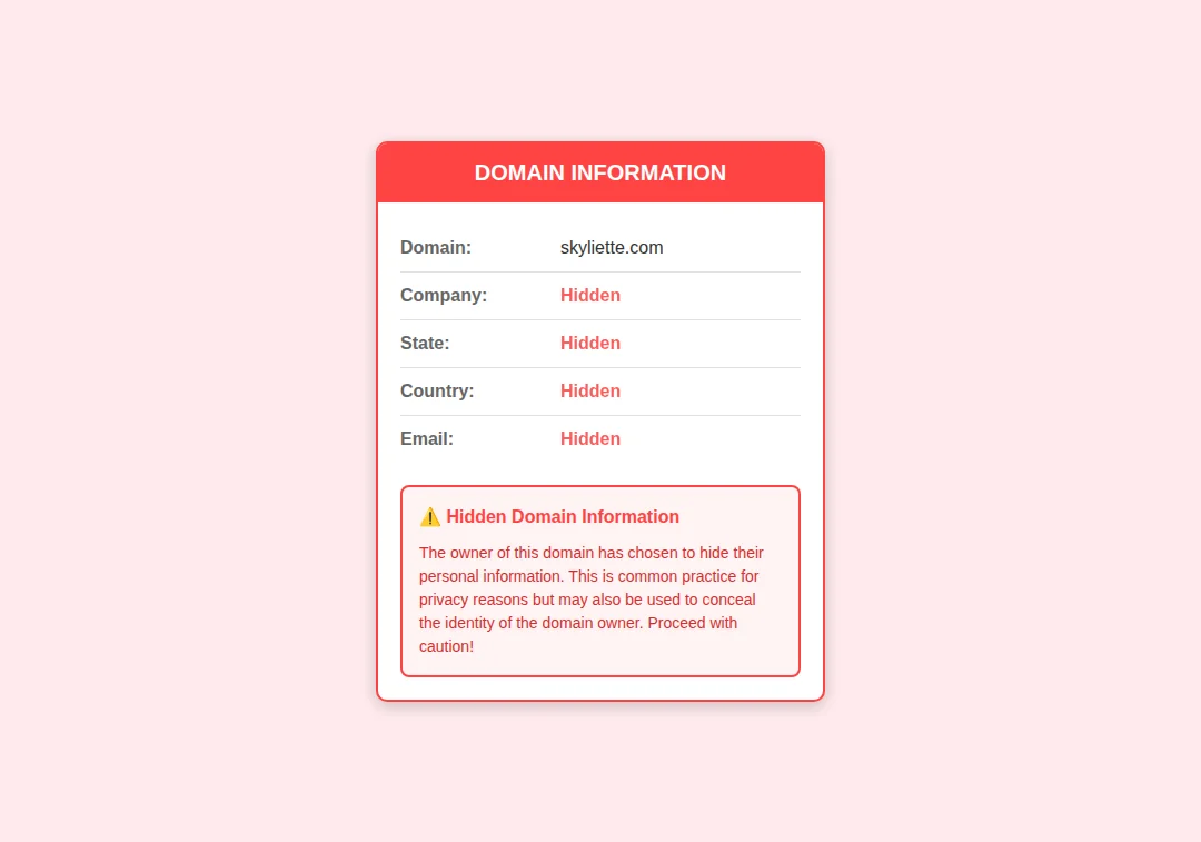 Domain privacy alert for skyliette.com showing hidden registration details