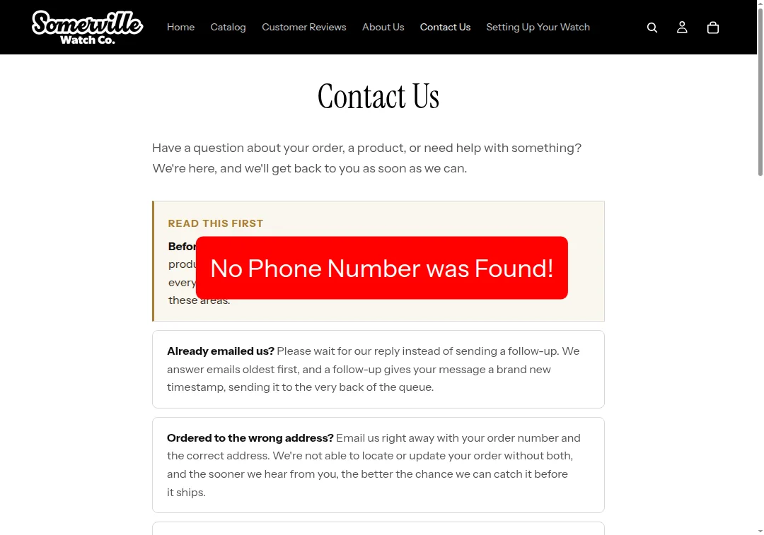 Screenshot showing no phone number on somervillewatchco.com contact page
