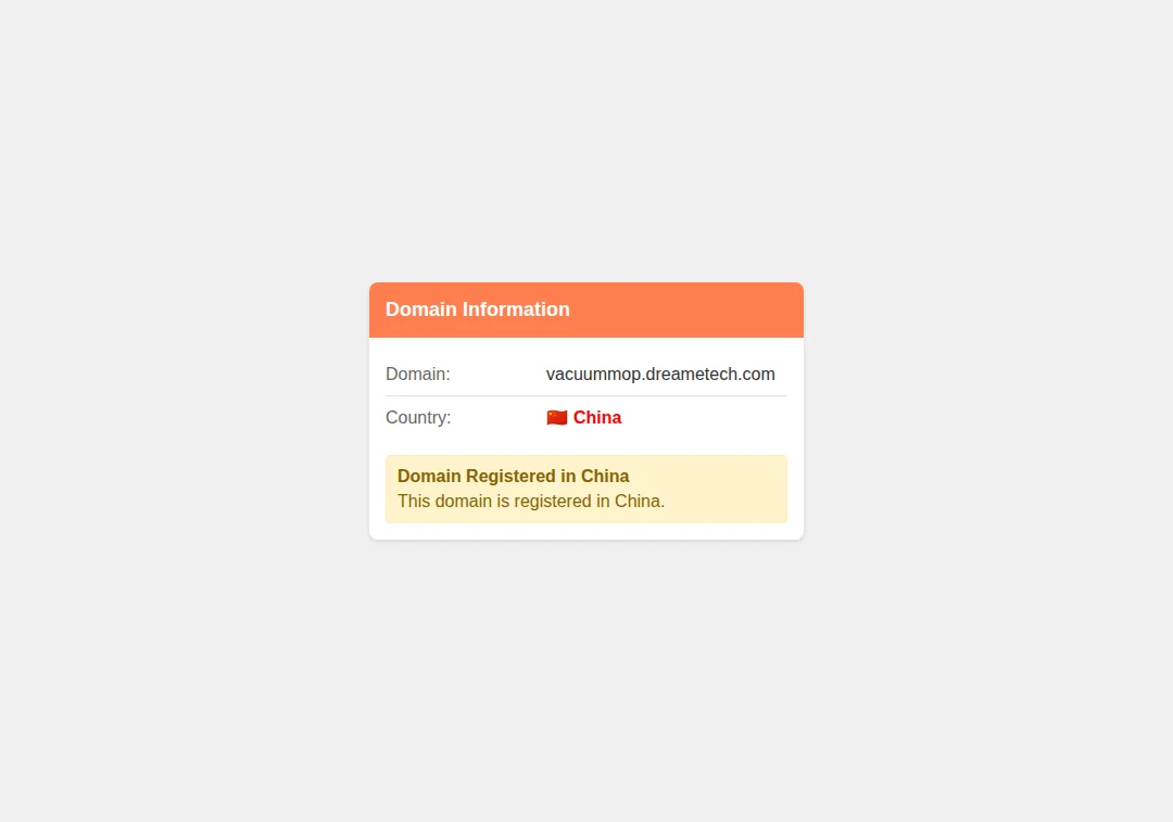 Alert showing domain registration country mismatch for vacuummop.dreametech.com