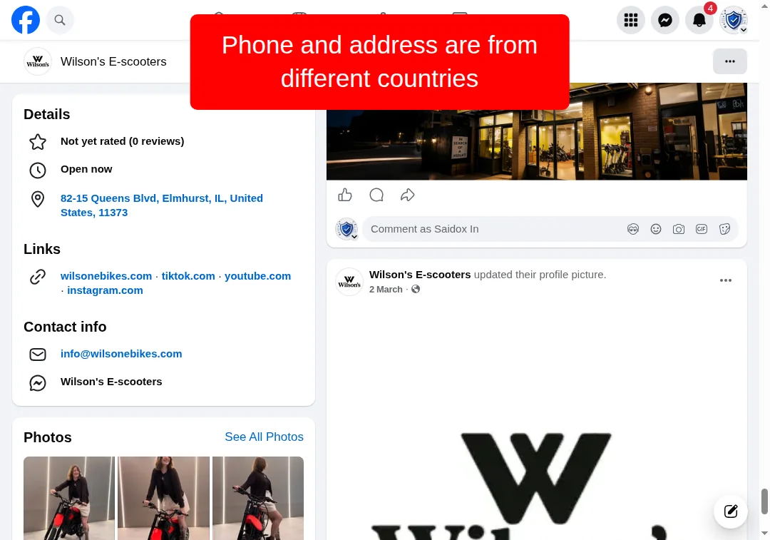Facebook page of wilsonebikes.com showing phone number with US code and UK address