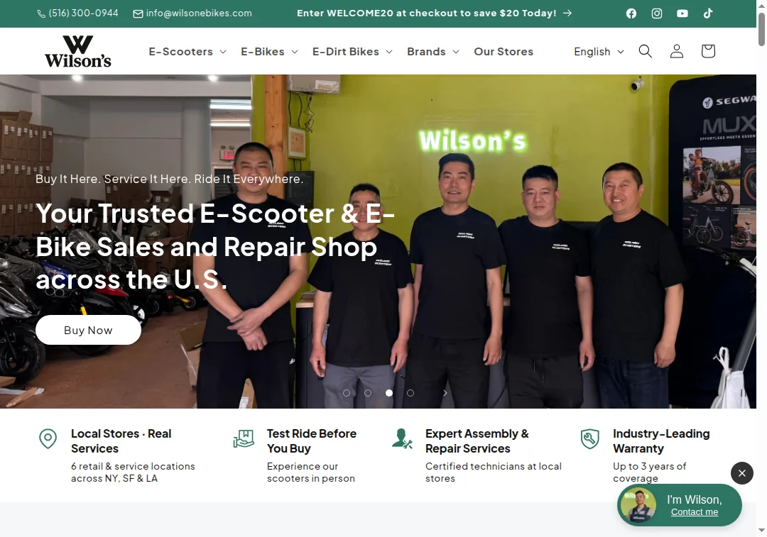 Screenshot of wilsonebikes.com homepage showing e-bike product grid